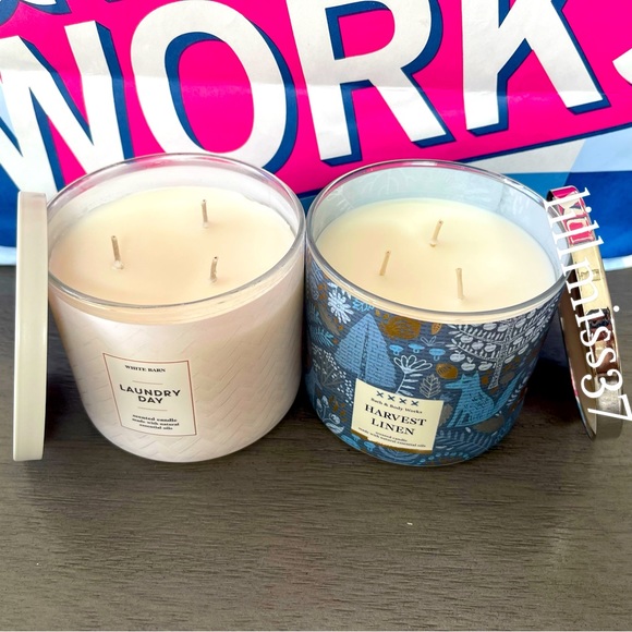 2X BRAND NEW BATH & BODY WORKS 3 WICK CANDLES HARVEST LINEN AND LAUNDRY DAY - Picture 2 of 2
